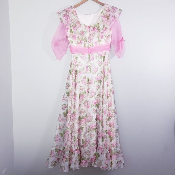 Vintage 70s Sylvia Ann Rose Floral Maxi Gown Regencycore Cottagecore Pink 14 - Picture 7 of 16